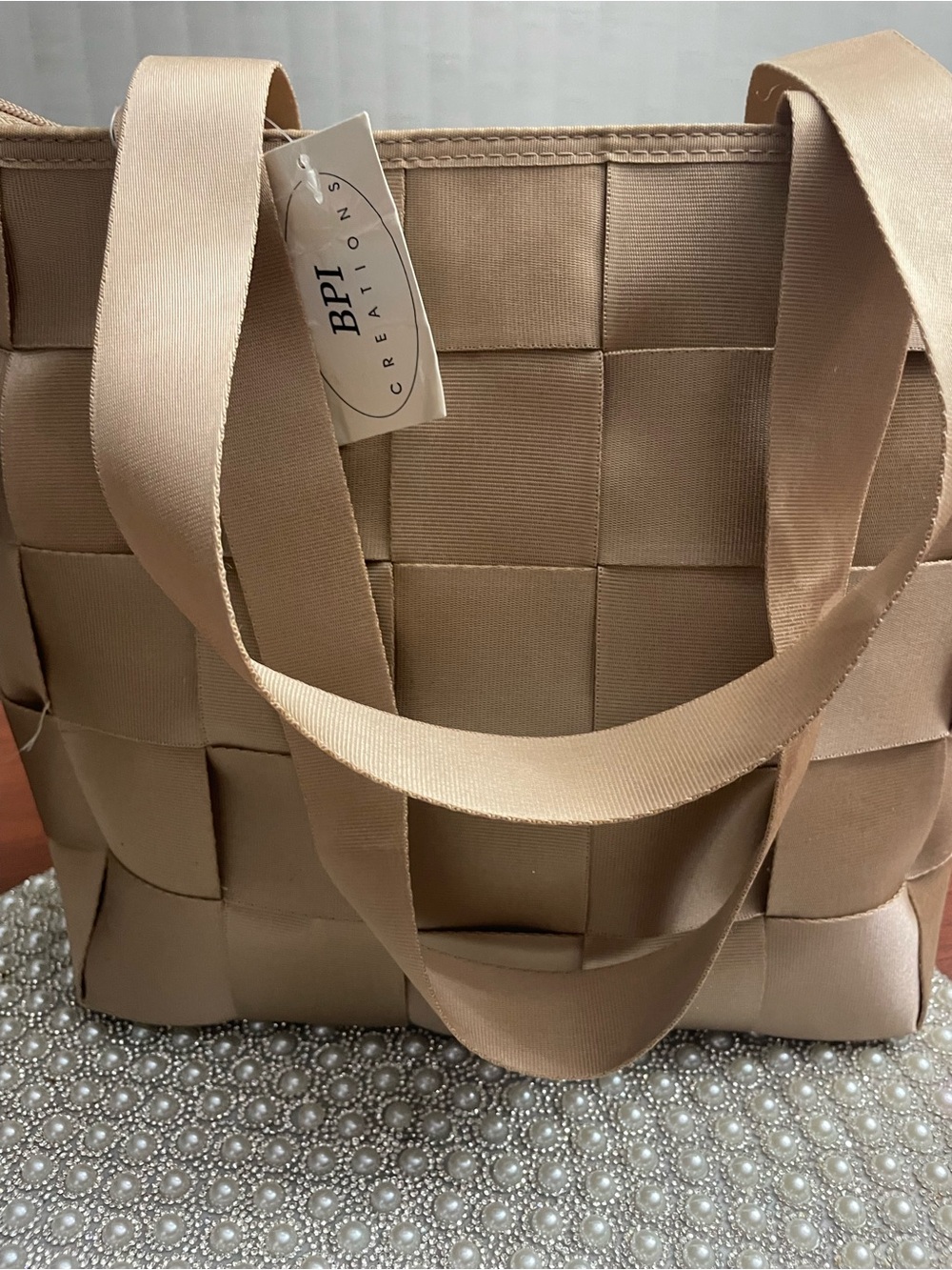 Woven Satin Tote in Beige